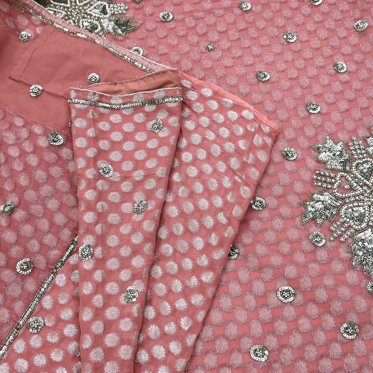 Indian Vintage Sari Pink Pure Georgette /Net Hand Beaded Sarees Fabric 5Yd Sewing Ethnic Dress making Quilting Bollywood