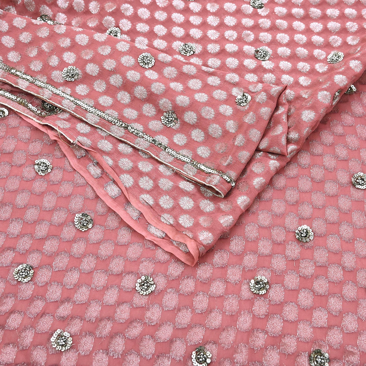 Indian Vintage Sari Pink Pure Georgette /Net Hand Beaded Sarees Fabric 5Yd Sewing Ethnic Dress making Quilting Bollywood