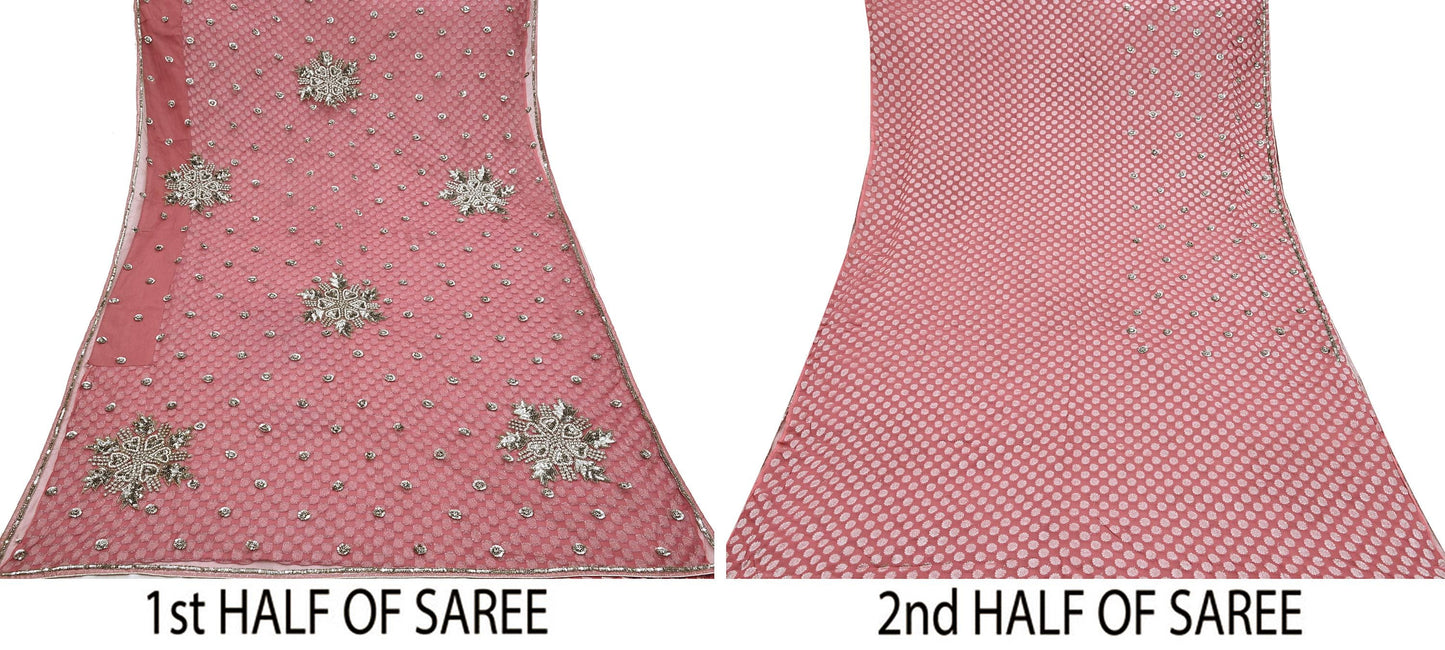 Indian Vintage Sari Pink Pure Georgette /Net Hand Beaded Sarees Fabric 5Yd Sewing Ethnic Dress making Quilting Bollywood
