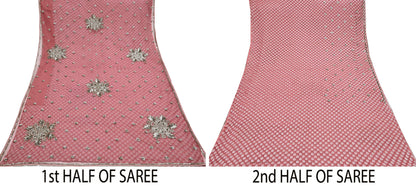 Indian Vintage Sari Pink Pure Georgette /Net Hand Beaded Sarees Fabric 5Yd Sewing Ethnic Dress making Quilting Bollywood