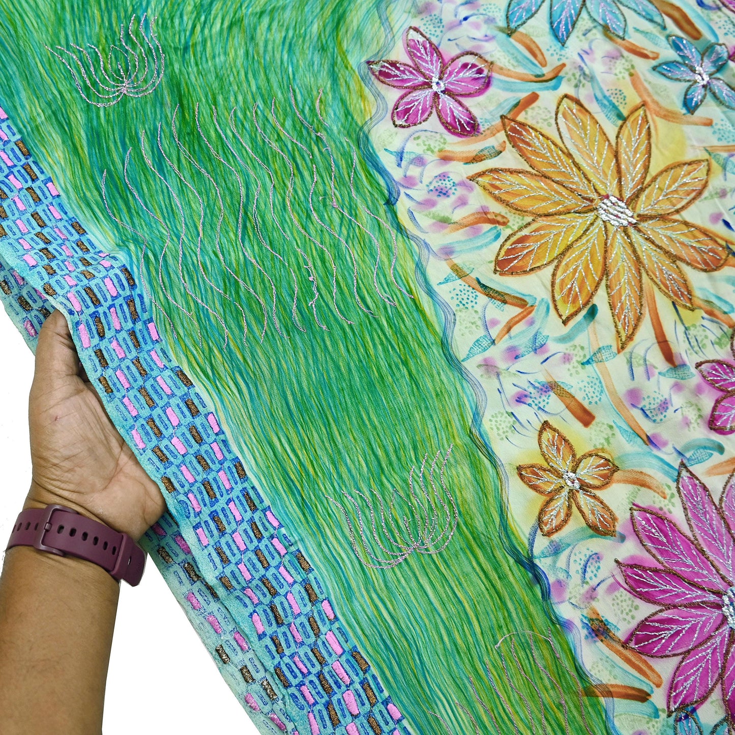 Indian Vintage Sari Pure Crepe Silk Hand Embroidered Saree 5yd Sewing Floral Craft Fabric Sequins Dress making Crafting Quilting