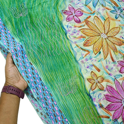 Indian Vintage Sari Pure Crepe Silk Hand Embroidered Saree 5yd Sewing Floral Craft Fabric Sequins Dress making Crafting Quilting