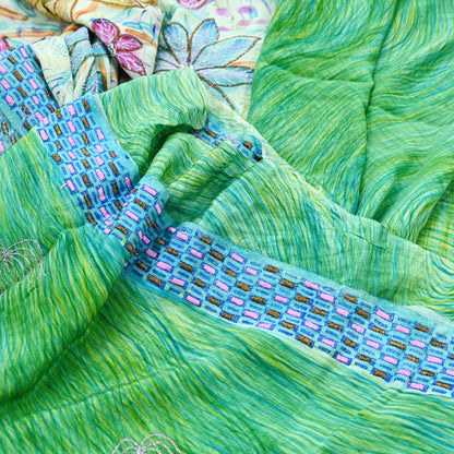 Indian Vintage Sari Pure Crepe Silk Hand Embroidered Saree 5yd Sewing Floral Craft Fabric Sequins Dress making Crafting Quilting