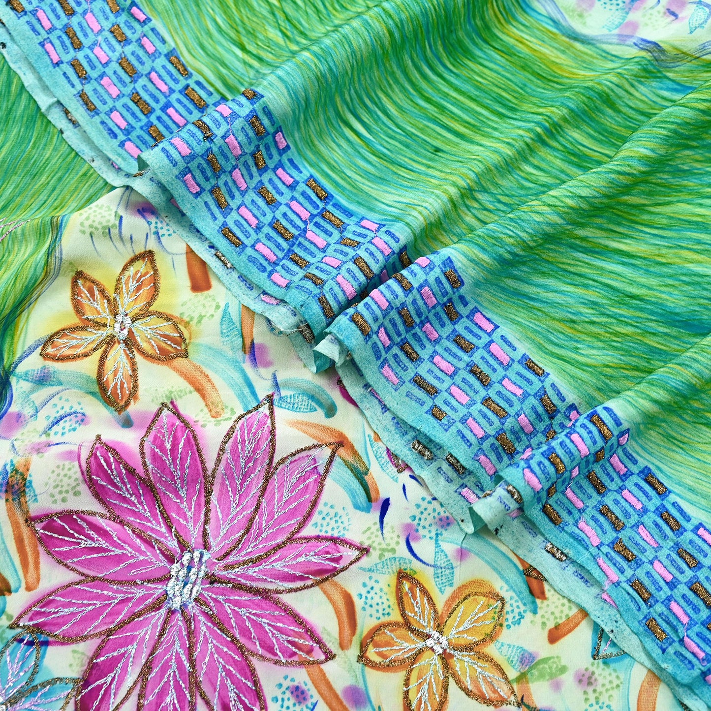 Indian Vintage Sari Pure Crepe Silk Hand Embroidered Saree 5yd Sewing Floral Craft Fabric Sequins Dress making Crafting Quilting