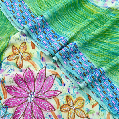 Indian Vintage Sari Pure Crepe Silk Hand Embroidered Saree 5yd Sewing Floral Craft Fabric Sequins Dress making Crafting Quilting