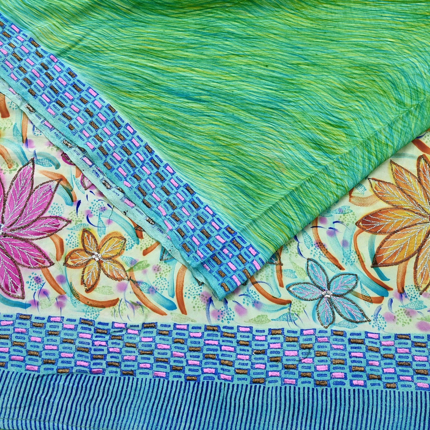 Indian Vintage Sari Pure Crepe Silk Hand Embroidered Saree 5yd Sewing Floral Craft Fabric Sequins Dress making Crafting Quilting