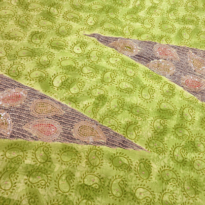 Indian Vintage Sari Green Pure Crepe Silk Hand Embroidered Saree 5yd Sewing Floral Craft Sequins Dress making Crafting Quilting