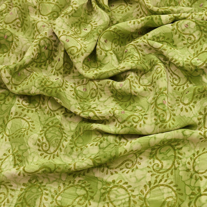 Indian Vintage Sari Green Pure Crepe Silk Hand Embroidered Saree 5yd Sewing Floral Craft Sequins Dress making Crafting Quilting