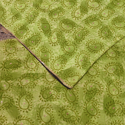 Indian Vintage Sari Green Pure Crepe Silk Hand Embroidered Saree 5yd Sewing Floral Craft Sequins Dress making Crafting Quilting