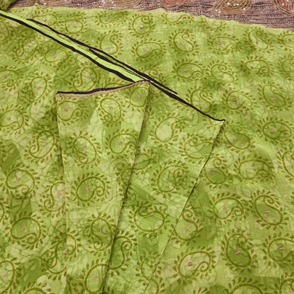 Indian Vintage Sari Green Pure Crepe Silk Hand Embroidered Saree 5yd Sewing Floral Craft Sequins Dress making Crafting Quilting
