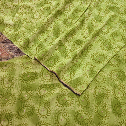 Indian Vintage Sari Green Pure Crepe Silk Hand Embroidered Saree 5yd Sewing Floral Craft Sequins Dress making Crafting Quilting