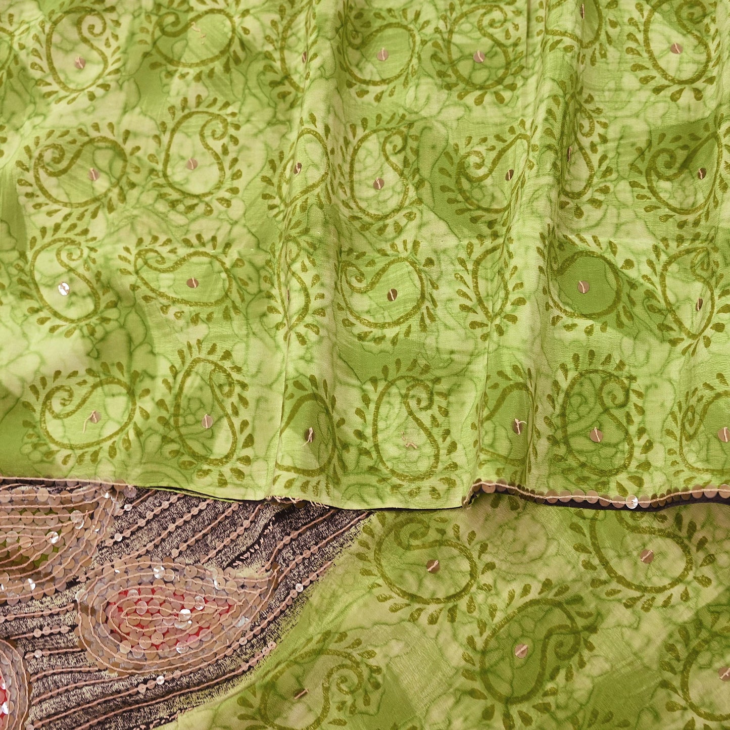 Indian Vintage Sari Green Pure Crepe Silk Hand Embroidered Saree 5yd Sewing Floral Craft Sequins Dress making Crafting Quilting