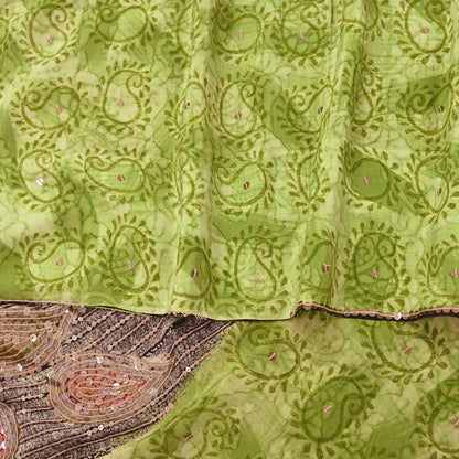 Indian Vintage Sari Green Pure Crepe Silk Hand Embroidered Saree 5yd Sewing Floral Craft Sequins Dress making Crafting Quilting