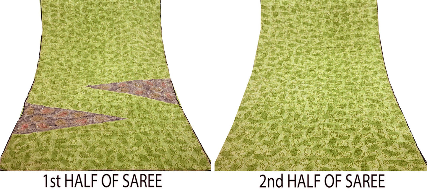 Indian Vintage Sari Green Pure Crepe Silk Hand Embroidered Saree 5yd Sewing Floral Craft Sequins Dress making Crafting Quilting