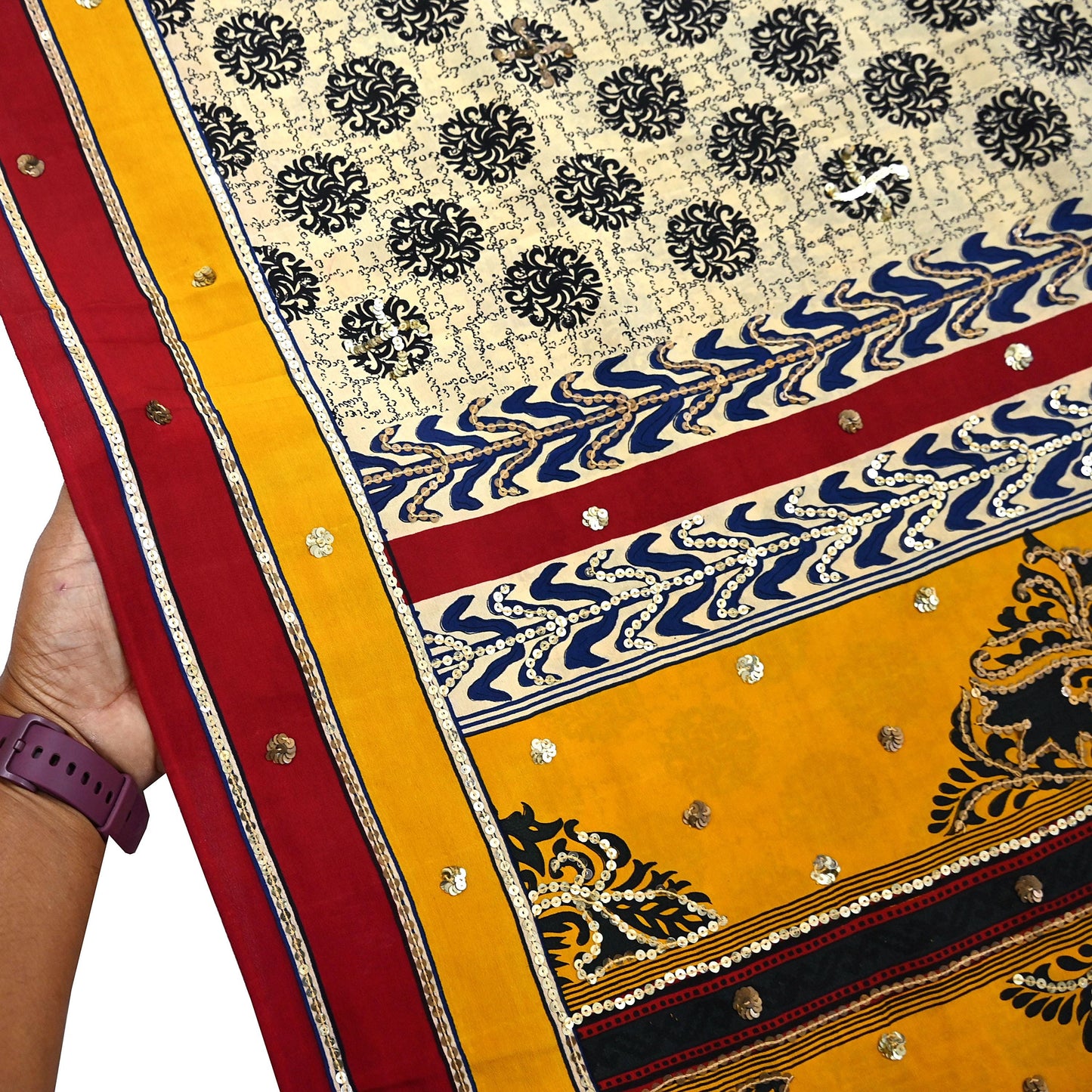 Indian Vintage Sari Ivory & Saffron Pure Crepe Silk Hand Embroidered Saree 5yd Sewing Floral Craft Sequins Dress making Crafting Quilting