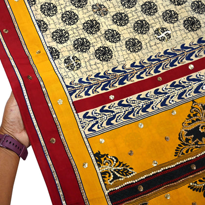 Indian Vintage Sari Ivory & Saffron Pure Crepe Silk Hand Embroidered Saree 5yd Sewing Floral Craft Sequins Dress making Crafting Quilting