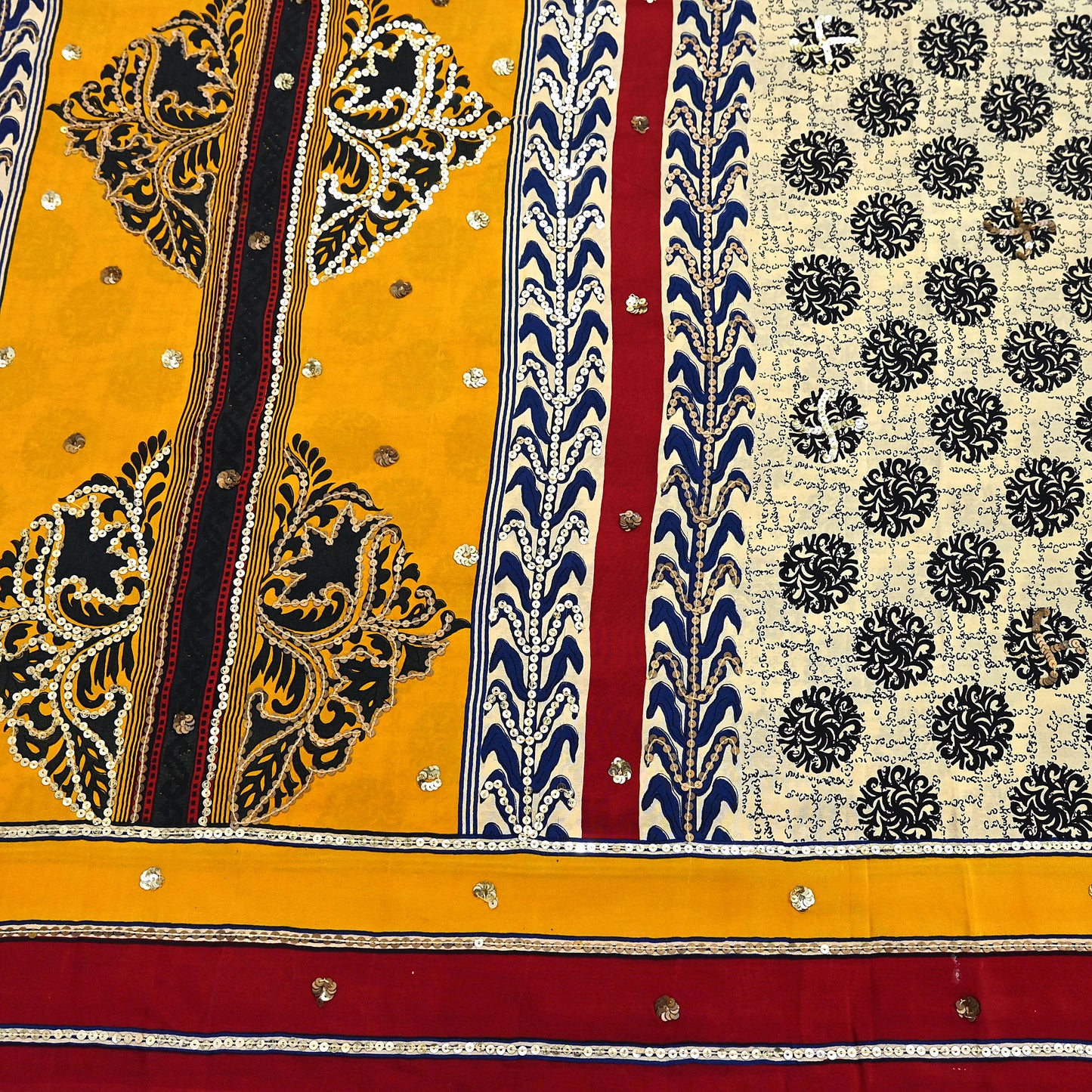 Indian Vintage Sari Ivory & Saffron Pure Crepe Silk Hand Embroidered Saree 5yd Sewing Floral Craft Sequins Dress making Crafting Quilting