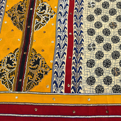 Indian Vintage Sari Ivory & Saffron Pure Crepe Silk Hand Embroidered Saree 5yd Sewing Floral Craft Sequins Dress making Crafting Quilting