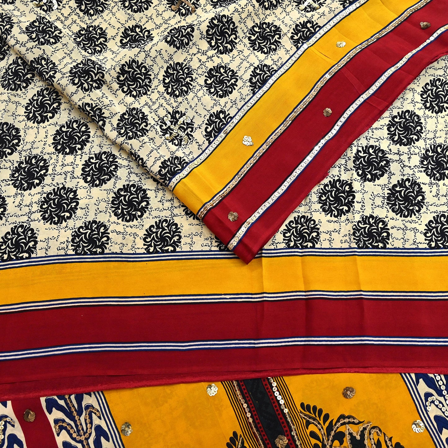 Indian Vintage Sari Ivory & Saffron Pure Crepe Silk Hand Embroidered Saree 5yd Sewing Floral Craft Sequins Dress making Crafting Quilting