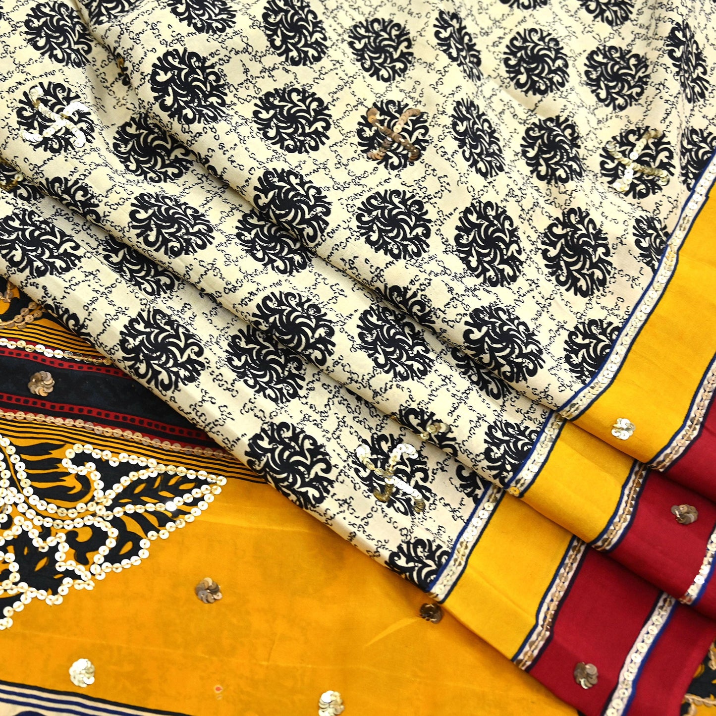 Indian Vintage Sari Ivory & Saffron Pure Crepe Silk Hand Embroidered Saree 5yd Sewing Floral Craft Sequins Dress making Crafting Quilting