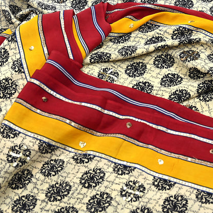 Indian Vintage Sari Ivory & Saffron Pure Crepe Silk Hand Embroidered Saree 5yd Sewing Floral Craft Sequins Dress making Crafting Quilting