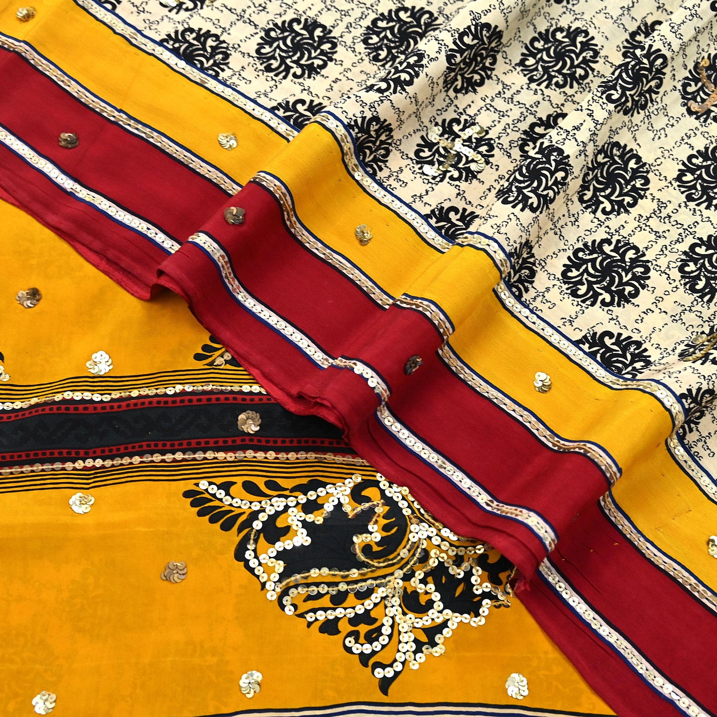 Indian Vintage Sari Ivory & Saffron Pure Crepe Silk Hand Embroidered Saree 5yd Sewing Floral Craft Sequins Dress making Crafting Quilting
