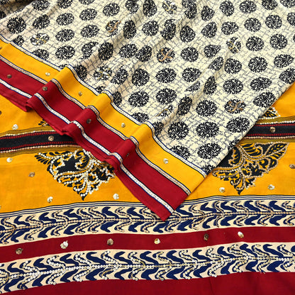 Indian Vintage Sari Ivory & Saffron Pure Crepe Silk Hand Embroidered Saree 5yd Sewing Floral Craft Sequins Dress making Crafting Quilting