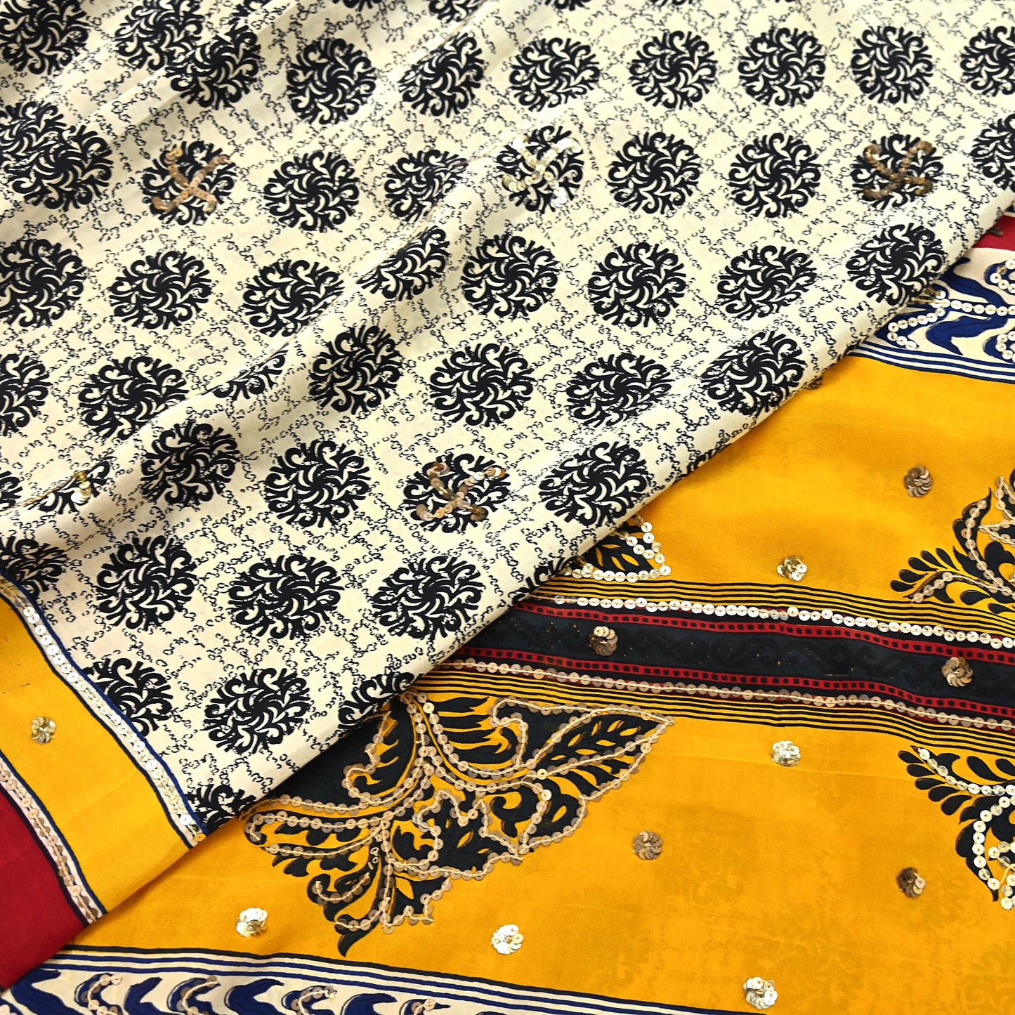 Indian Vintage Sari Ivory & Saffron Pure Crepe Silk Hand Embroidered Saree 5yd Sewing Floral Craft Sequins Dress making Crafting Quilting