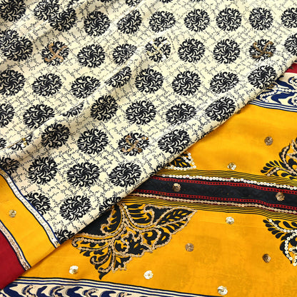 Indian Vintage Sari Ivory & Saffron Pure Crepe Silk Hand Embroidered Saree 5yd Sewing Floral Craft Sequins Dress making Crafting Quilting