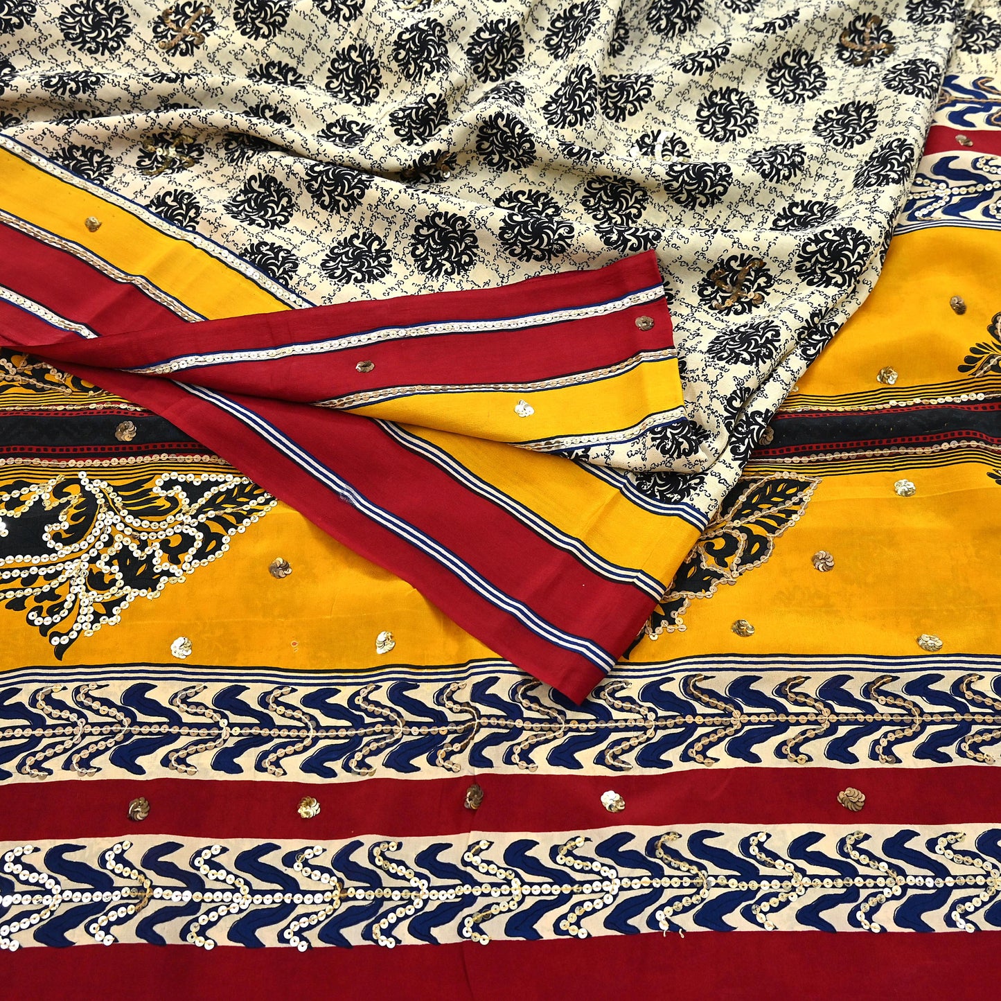 Indian Vintage Sari Ivory & Saffron Pure Crepe Silk Hand Embroidered Saree 5yd Sewing Floral Craft Sequins Dress making Crafting Quilting