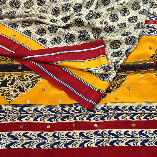 Indian Vintage Sari Ivory & Saffron Pure Crepe Silk Hand Embroidered Saree 5yd Sewing Floral Craft Sequins Dress making Crafting Quilting