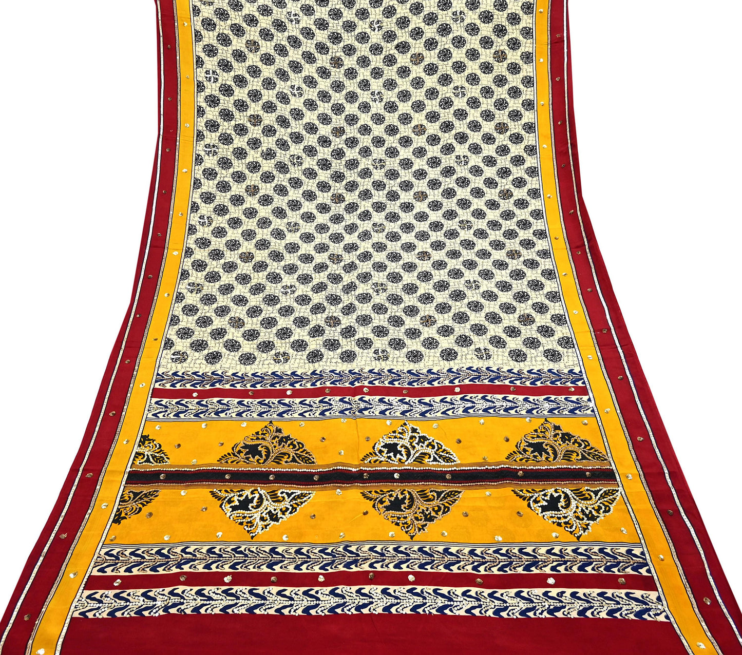 Indian Vintage Sari Ivory & Saffron Pure Crepe Silk Hand Embroidered Saree 5yd Sewing Floral Craft Sequins Dress making Crafting Quilting