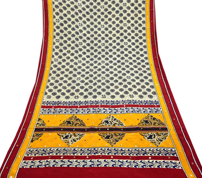 Indian Vintage Sari Ivory & Saffron Pure Crepe Silk Hand Embroidered Saree 5yd Sewing Floral Craft Sequins Dress making Crafting Quilting