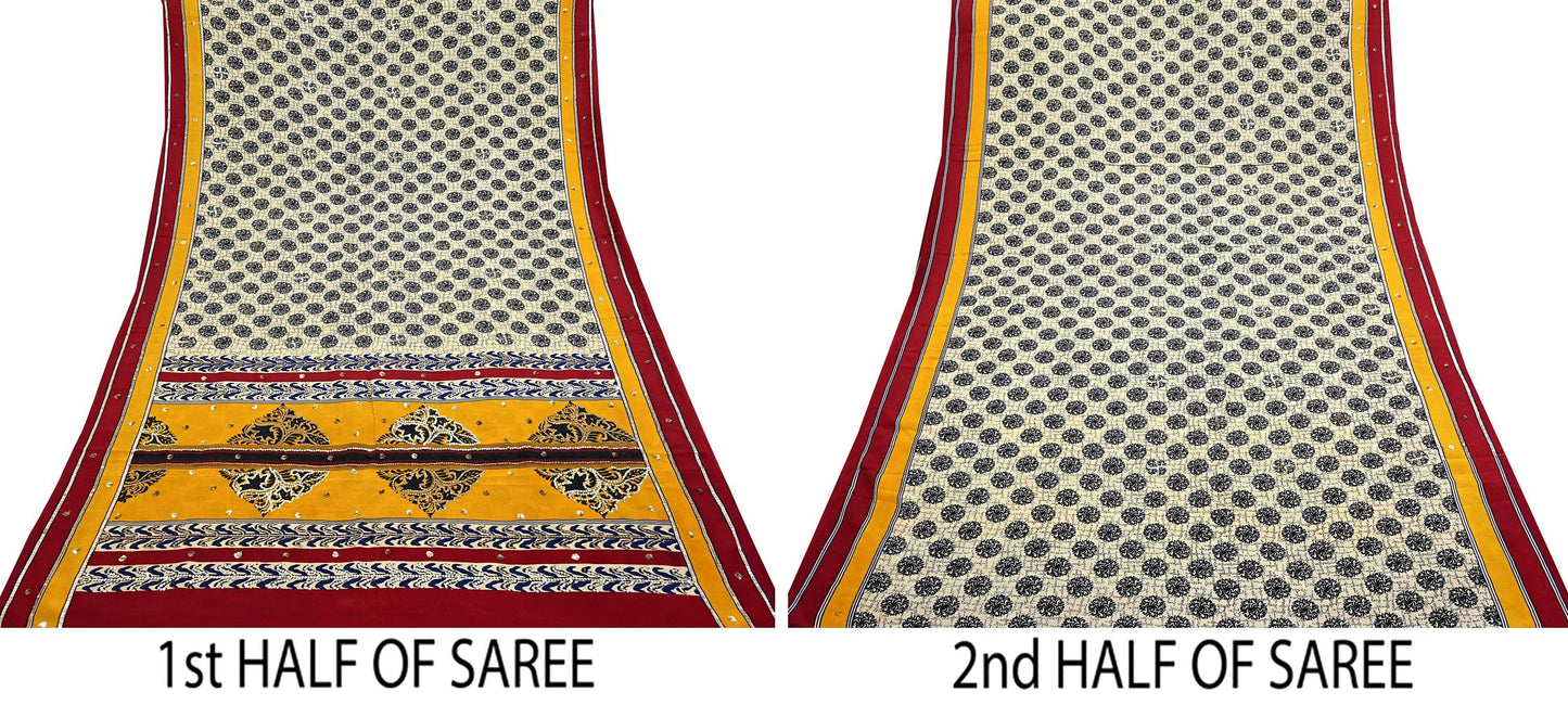 Indian Vintage Sari Ivory & Saffron Pure Crepe Silk Hand Embroidered Saree 5yd Sewing Floral Craft Sequins Dress making Crafting Quilting