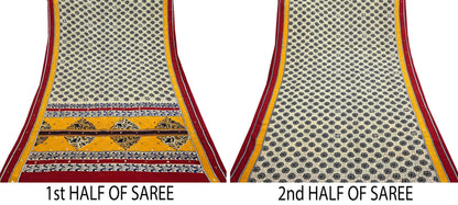 Indian Vintage Sari Ivory & Saffron Pure Crepe Silk Hand Embroidered Saree 5yd Sewing Floral Craft Sequins Dress making Crafting Quilting