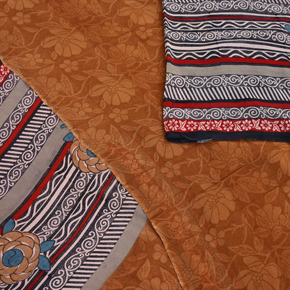 Indian Vintage Sari Brown & Maroon Pure Georgette Silk Printed Sarees Craft Fabric Sewing 5Yd Soft Dress Making Crafting Quilting Upcycle