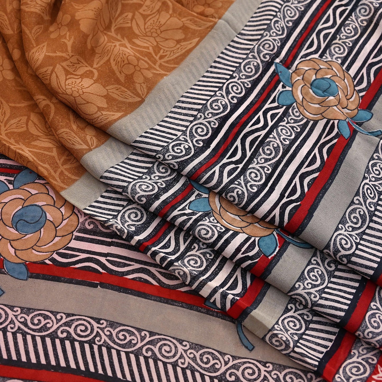 Indian Vintage Sari Brown & Maroon Pure Georgette Silk Printed Sarees Craft Fabric Sewing 5Yd Soft Dress Making Crafting Quilting Upcycle