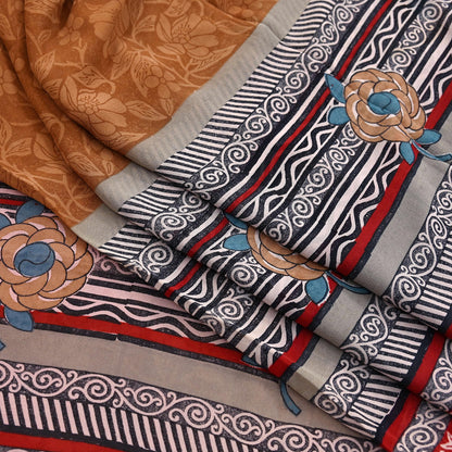 Indian Vintage Sari Brown & Maroon Pure Georgette Silk Printed Sarees Craft Fabric Sewing 5Yd Soft Dress Making Crafting Quilting Upcycle