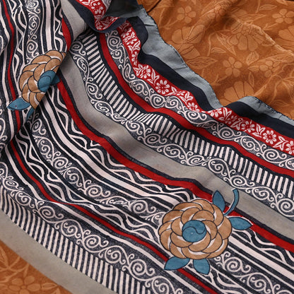 Indian Vintage Sari Brown & Maroon Pure Georgette Silk Printed Sarees Craft Fabric Sewing 5Yd Soft Dress Making Crafting Quilting Upcycle