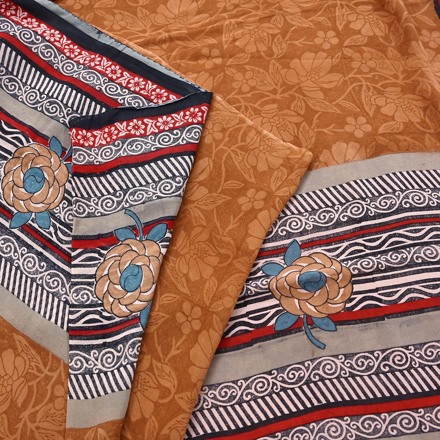 Indian Vintage Sari Brown & Maroon Pure Georgette Silk Printed Sarees Craft Fabric Sewing 5Yd Soft Dress Making Crafting Quilting Upcycle