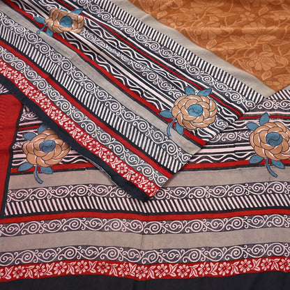 Indian Vintage Sari Brown & Maroon Pure Georgette Silk Printed Sarees Craft Fabric Sewing 5Yd Soft Dress Making Crafting Quilting Upcycle