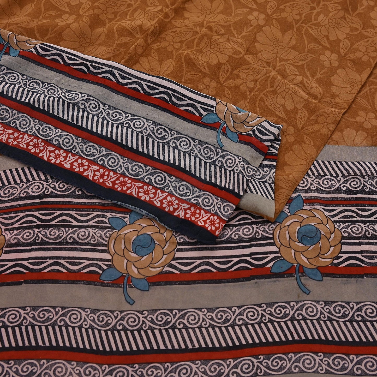 Indian Vintage Sari Brown & Maroon Pure Georgette Silk Printed Sarees Craft Fabric Sewing 5Yd Soft Dress Making Crafting Quilting Upcycle