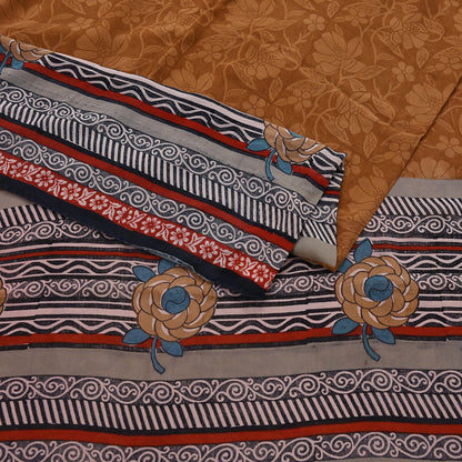 Indian Vintage Sari Brown & Maroon Pure Georgette Silk Printed Sarees Craft Fabric Sewing 5Yd Soft Dress Making Crafting Quilting Upcycle