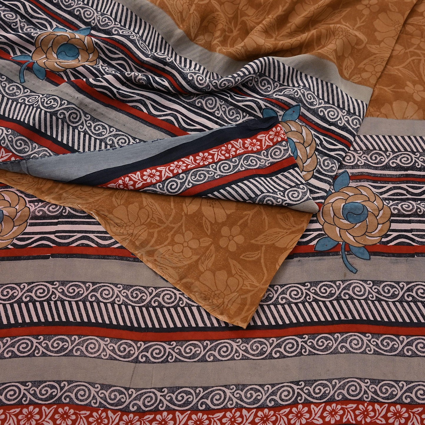 Indian Vintage Sari Brown & Maroon Pure Georgette Silk Printed Sarees Craft Fabric Sewing 5Yd Soft Dress Making Crafting Quilting Upcycle