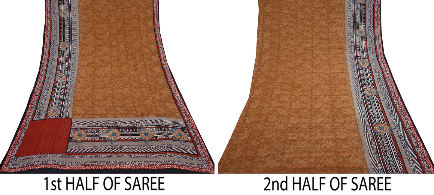 Indian Vintage Sari Brown & Maroon Pure Georgette Silk Printed Sarees Craft Fabric Sewing 5Yd Soft Dress Making Crafting Quilting Upcycle