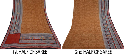 Indian Vintage Sari Brown & Maroon Pure Georgette Silk Printed Sarees Craft Fabric Sewing 5Yd Soft Dress Making Crafting Quilting Upcycle