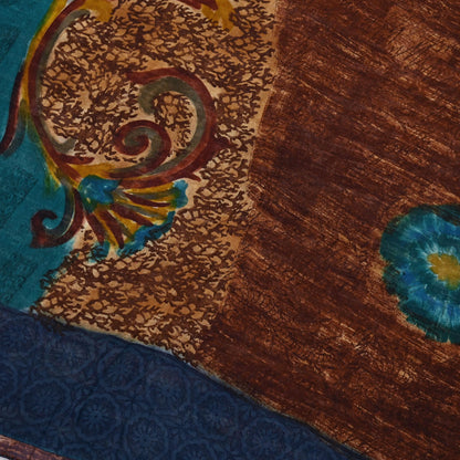 Indian Vintage Sari Brown & Green Pure Georgette Silk Printed Sarees Craft Fabric Sewing 6Yd Soft Dress Making Crafting Quilting Upcycle