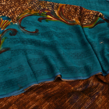 Indian Vintage Sari Brown & Green Pure Georgette Silk Printed Sarees Craft Fabric Sewing 6Yd Soft Dress Making Crafting Quilting Upcycle