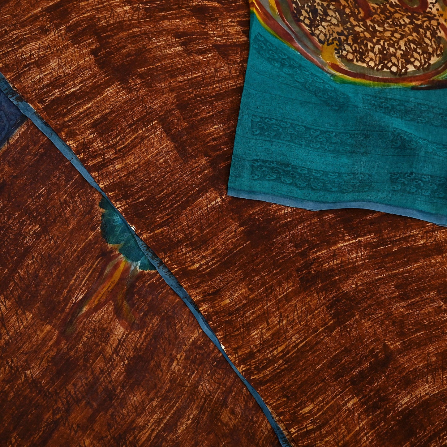 Indian Vintage Sari Brown & Green Pure Georgette Silk Printed Sarees Craft Fabric Sewing 6Yd Soft Dress Making Crafting Quilting Upcycle