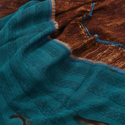 Indian Vintage Sari Brown & Green Pure Georgette Silk Printed Sarees Craft Fabric Sewing 6Yd Soft Dress Making Crafting Quilting Upcycle